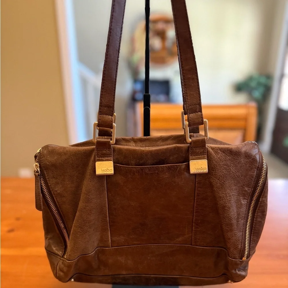 hobo handbag Brown Leather Distressed Multi Pockets Slouchy Everyday Purse hippy